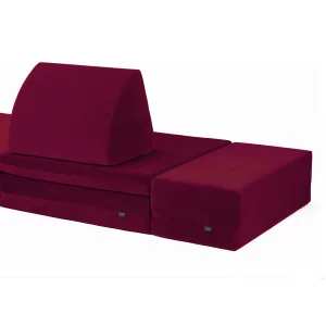 dreamteam | coogeecouch + coogeecuboid | modular guest bed | series: bloomboom | color: raspberry-red dark red | view: front coogeecouch sofa + coogeecuboid attached | made in Germany
