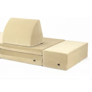 dreamteam | coogeecouch + coogeecuboid | modular guest bed | series: chasingthesand | color: linen-white beige | view: front coogeecouch + cushion + coogeecuboid attached | made in Germany