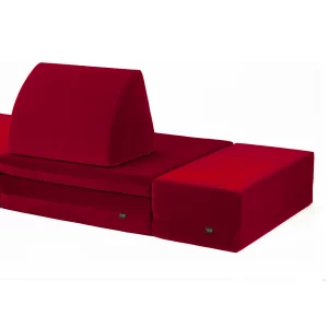 dreamteam | coogeecouch + coogeecuboid | modular guest bed | series: scuderia-fantasia | color: chilli-red light red | view: front coogeecouch sofa + cushions + coogeecuboid attached | made in Germany